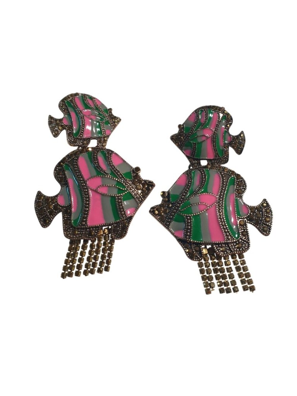 Fish Shaped Rhinestone Statement Post Earrings Pink Green Vintage Flaw Stone